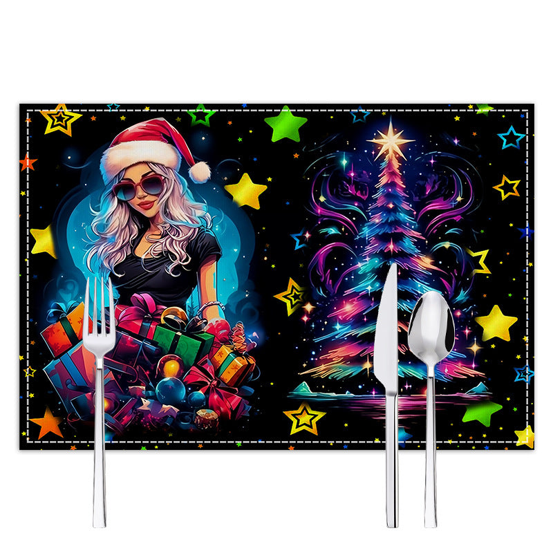 Neon Christmas table mat with white linen starry sky and Santa Claus print