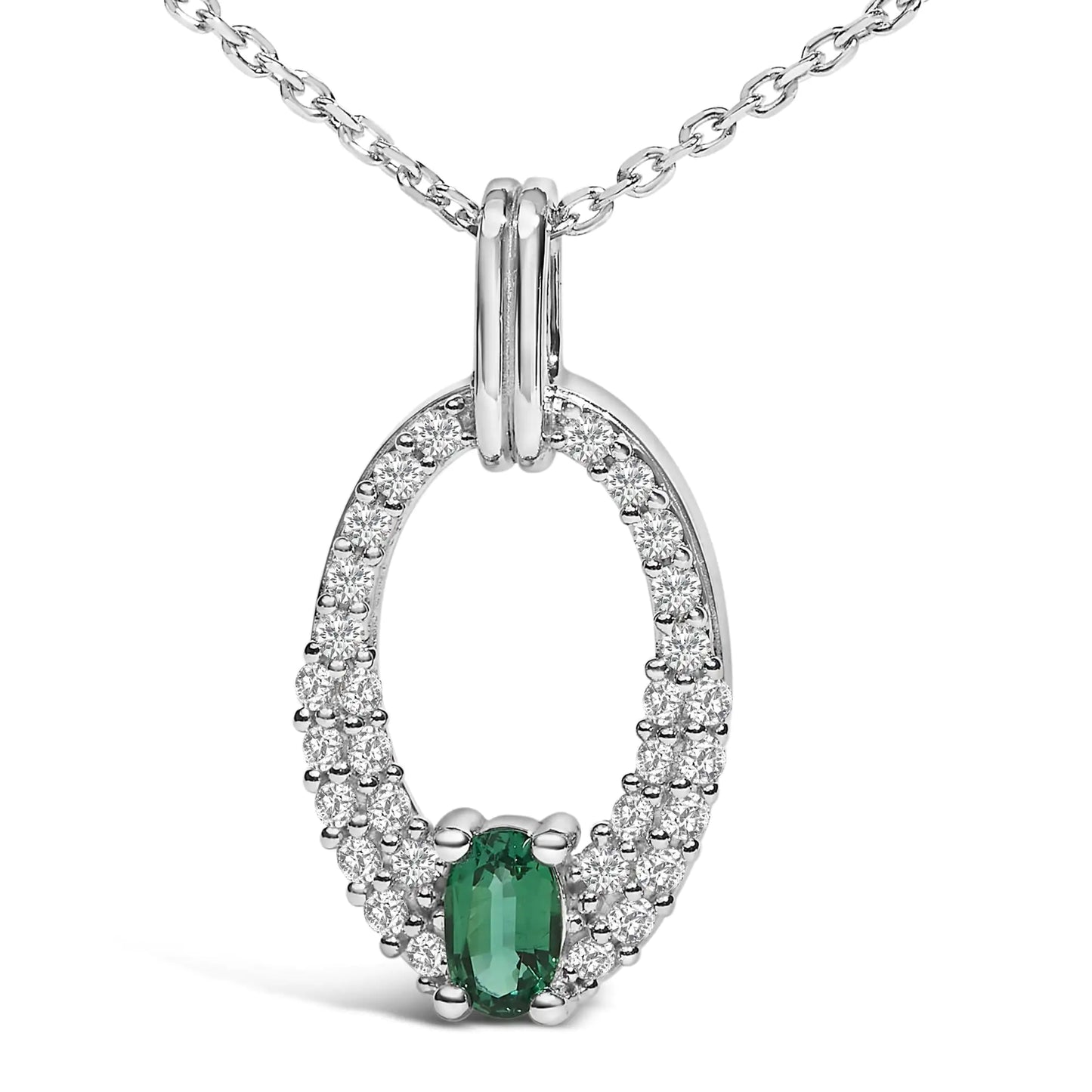 .925 Sterling Silver Created Green Emerald and White Sapphire Oval Shaped Pendant Necklace - 18" Inches