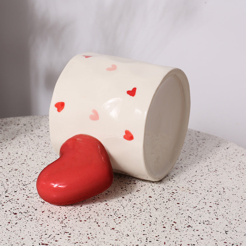 Creative Love Handle Hand-Painted Stripe Love Cow Pattern Ceramic Coffee Cup Hand Held Love Mug