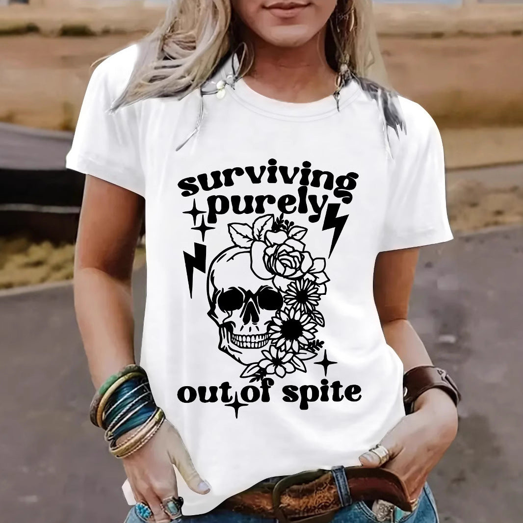 "Surviving Purely Out of Spite" Short-Sleeved T-Shirt with Skull Print