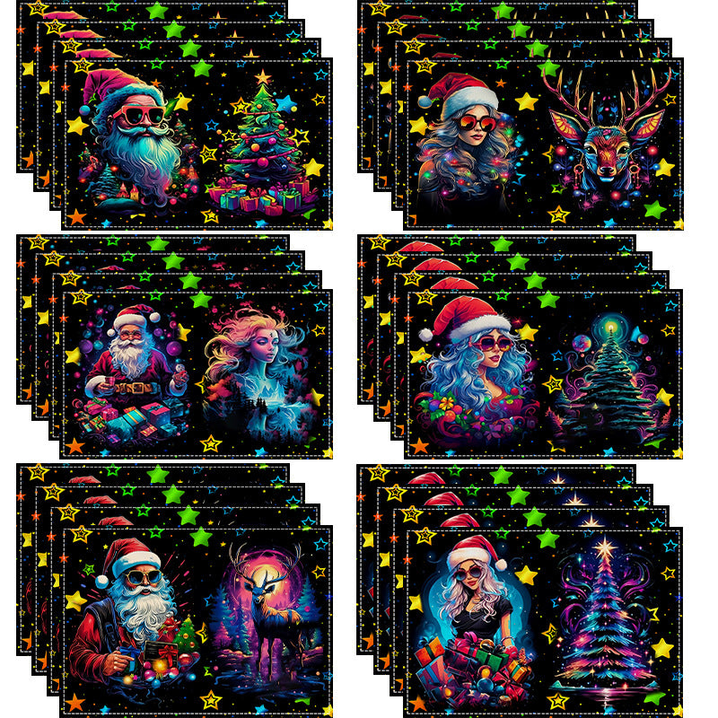 Neon Christmas table mat with white linen starry sky and Santa Claus print
