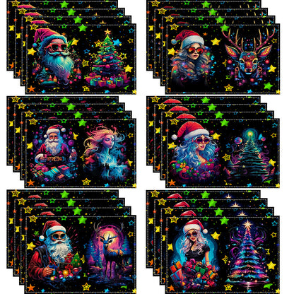 Neon Christmas table mat with white linen starry sky and Santa Claus print