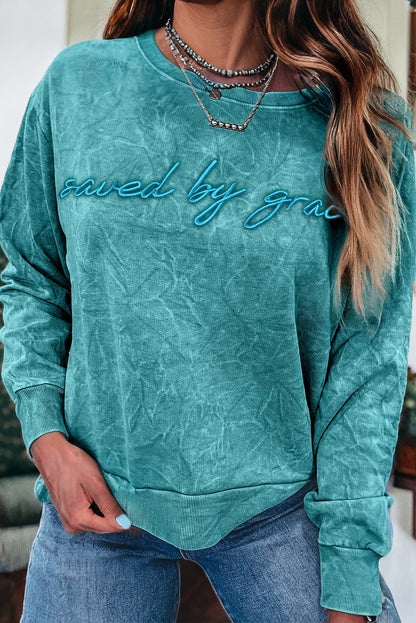 Mineral Red saved by grace Letter Embroidery Mineral Wash Loose Sweatshirt
