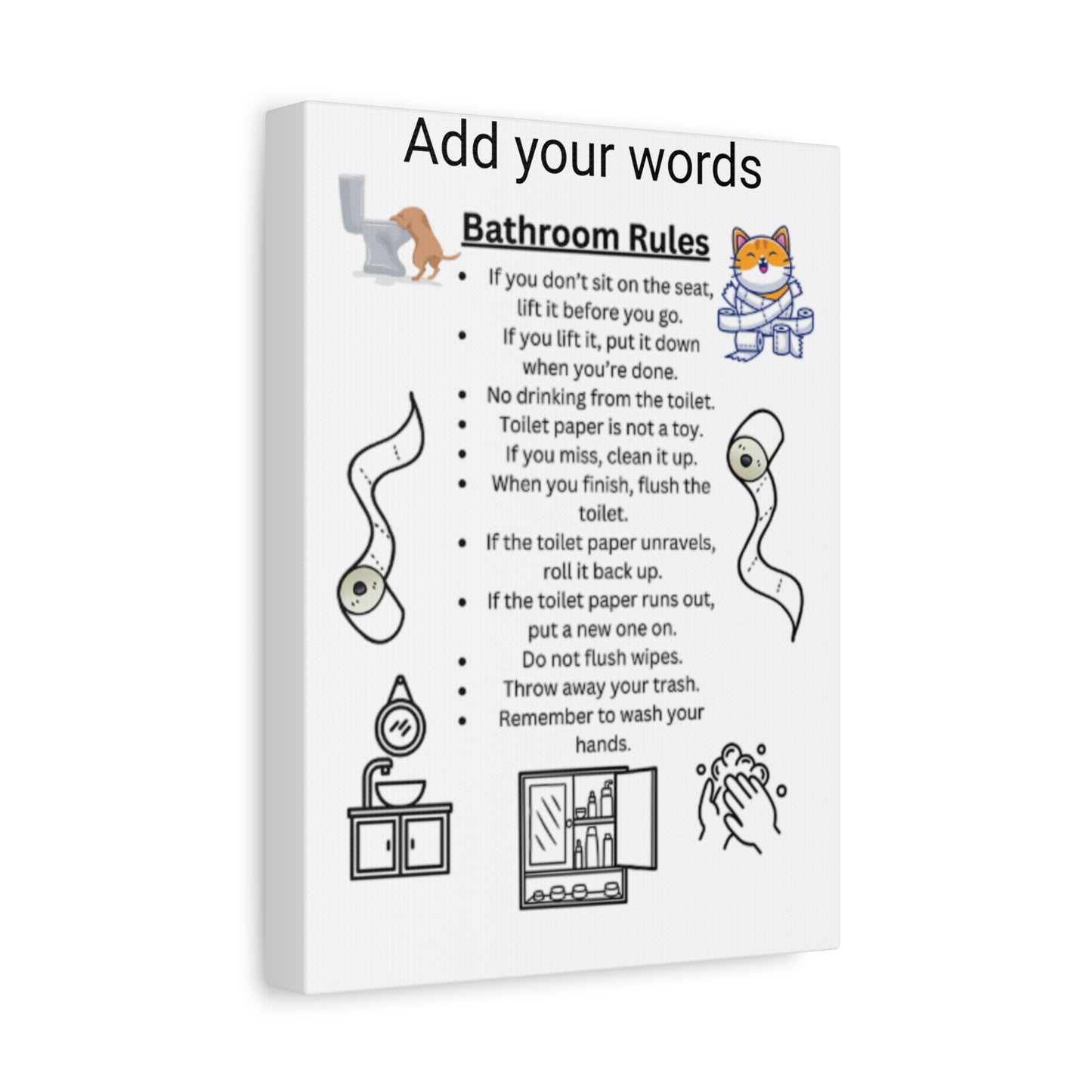 Bathroom Rules Canvas Art, Funny Home Decor, Bathroom Sign, Wall Art for Restroom, Gift for New Home, Quirky Bathroom Decor