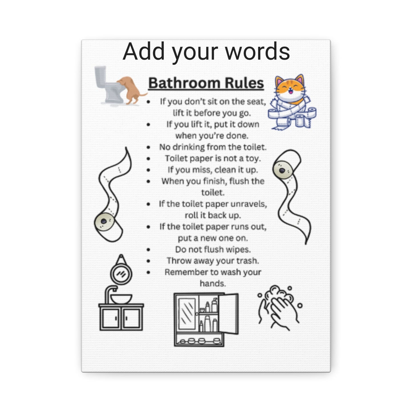 Bathroom Rules Canvas Art, Funny Home Decor, Bathroom Sign, Wall Art for Restroom, Gift for New Home, Quirky Bathroom Decor