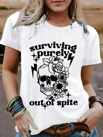"Surviving Purely Out of Spite" Short-Sleeved T-Shirt with Skull Print