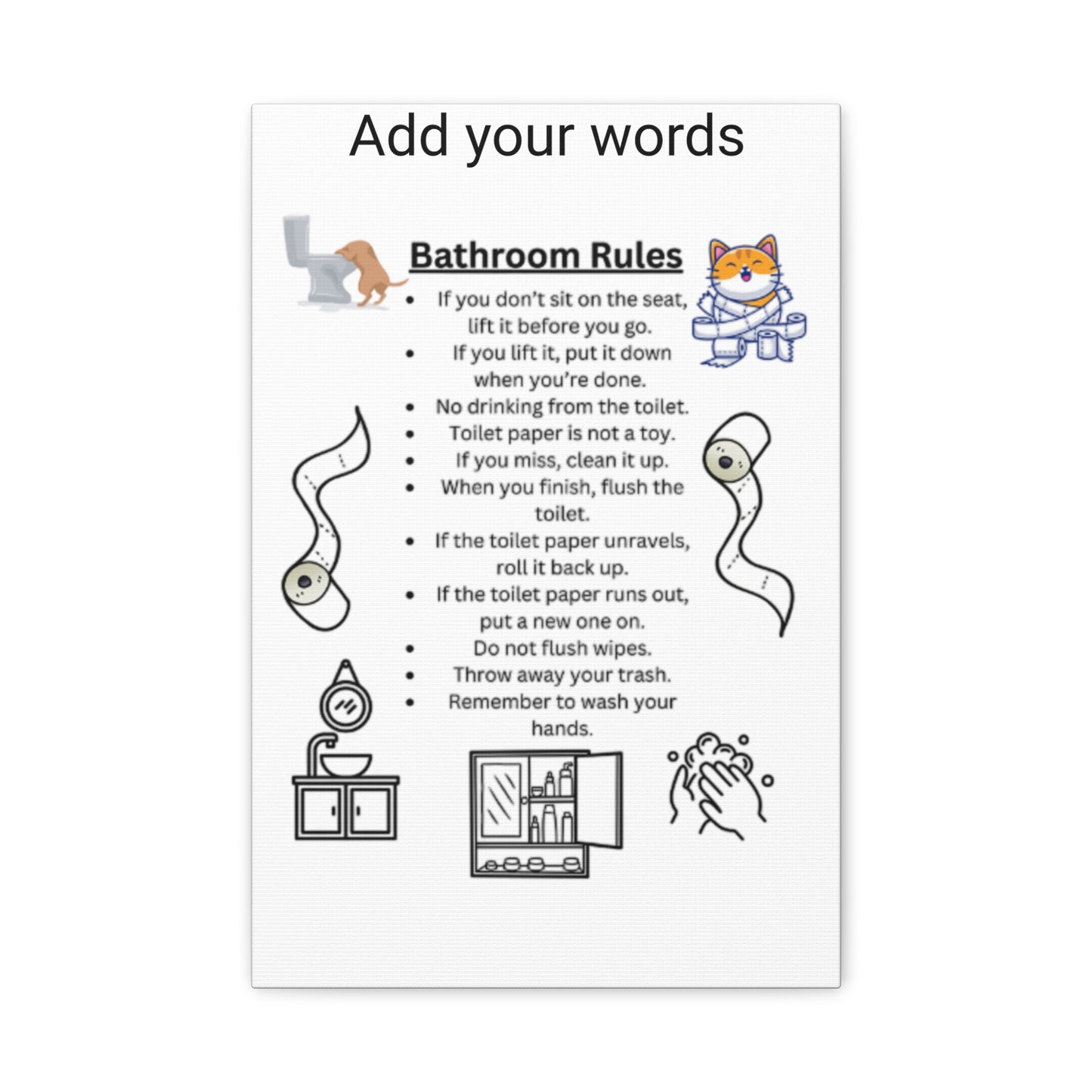 Bathroom Rules Canvas Art, Funny Home Decor, Bathroom Sign, Wall Art for Restroom, Gift for New Home, Quirky Bathroom Decor