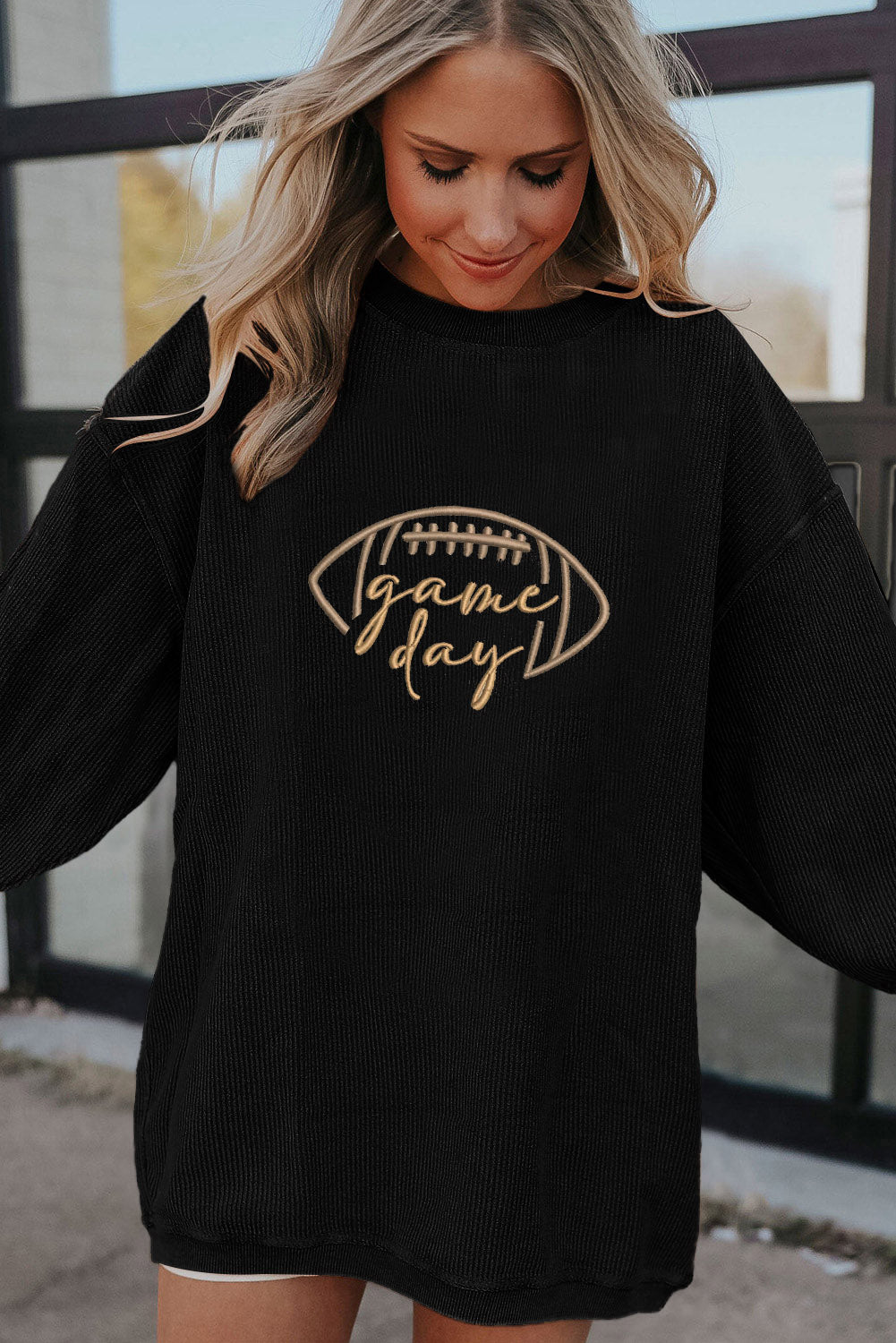 Apricot Rugby Game Day Embroidered Corduroy Sweatshirt