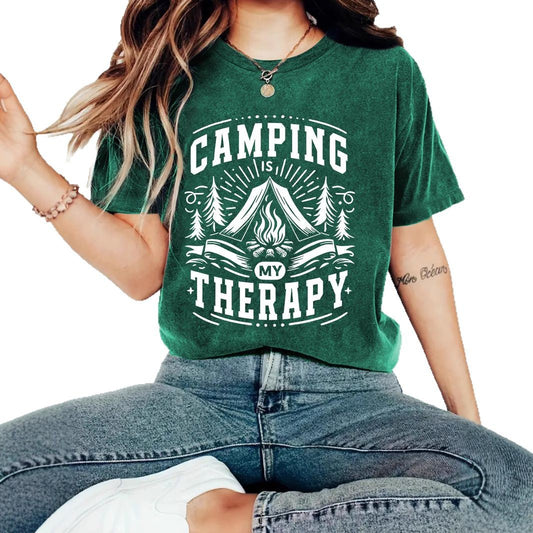 Camping Therapy T-Shirt with Campfire Print