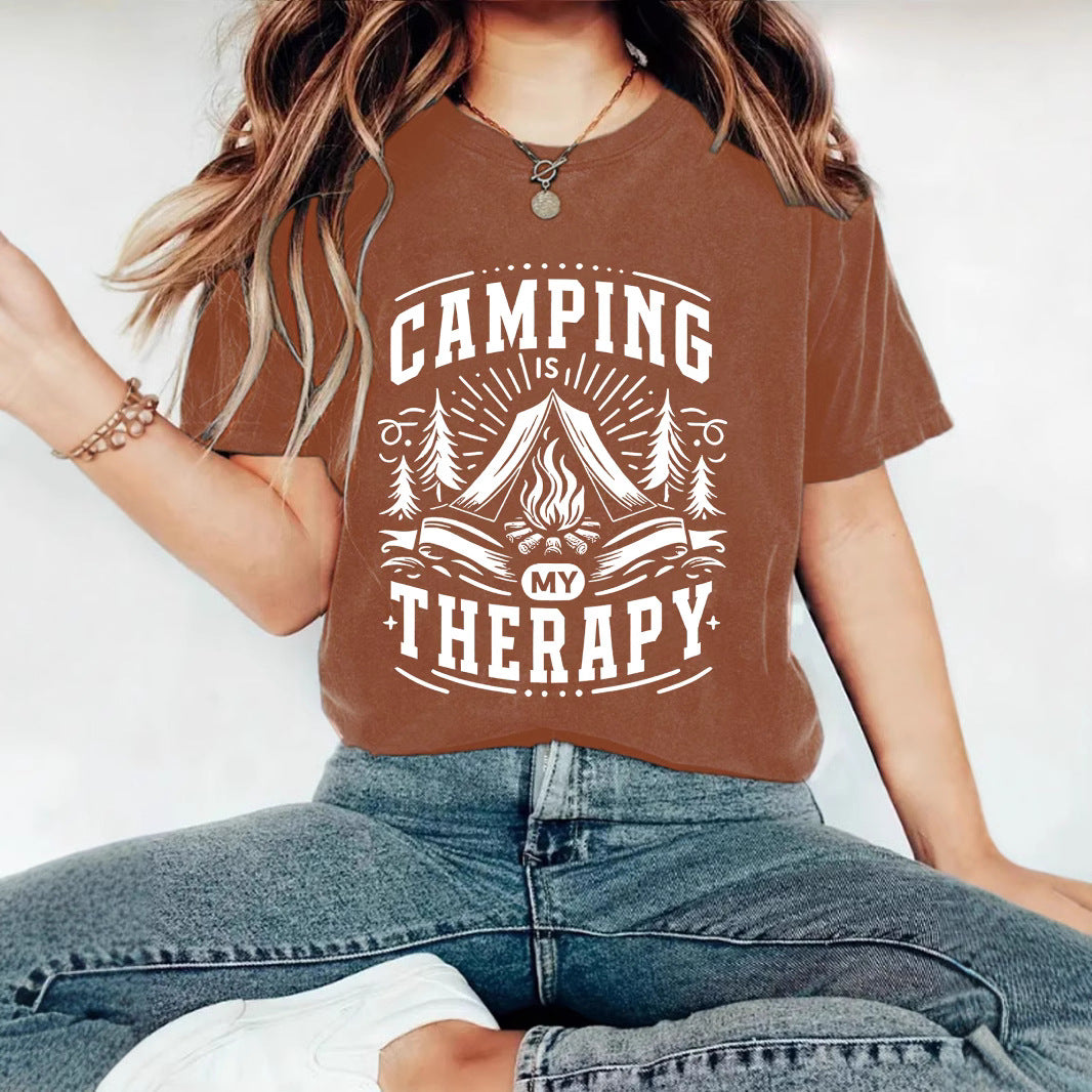 Camping Therapy T-Shirt with Campfire Print