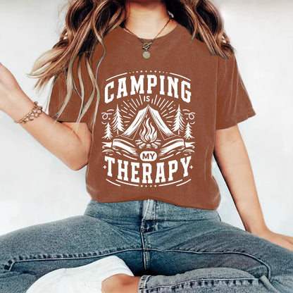 Camping Therapy T-Shirt with Campfire Print