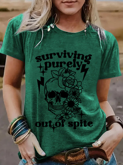 "Surviving Purely Out of Spite" Short-Sleeved T-Shirt with Skull Print