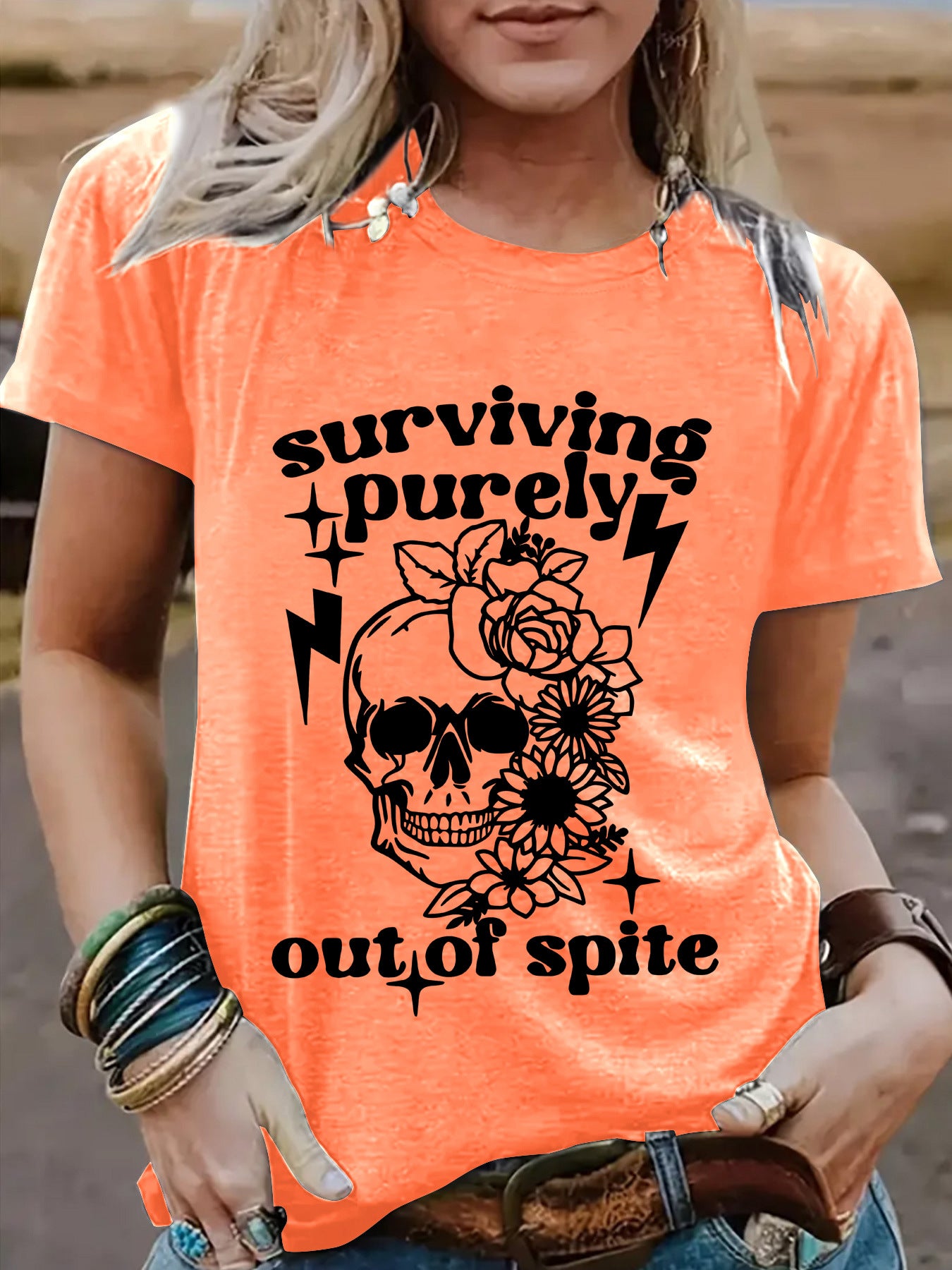 "Surviving Purely Out of Spite" Short-Sleeved T-Shirt with Skull Print