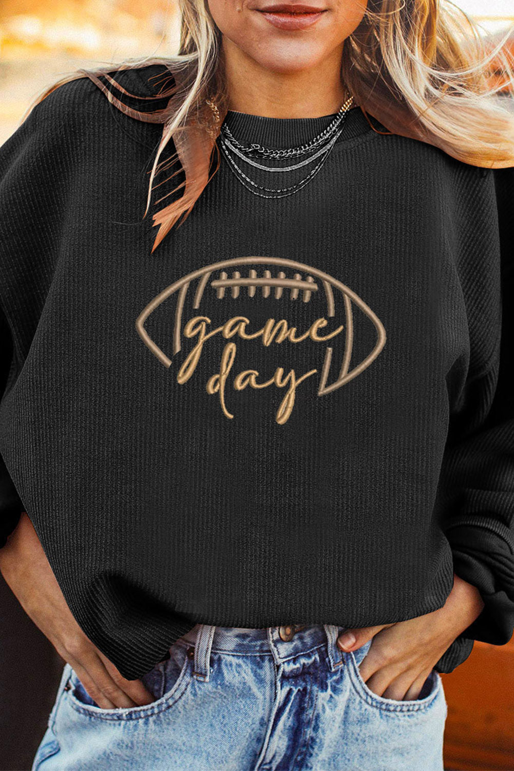 Apricot Rugby Game Day Embroidered Corduroy Sweatshirt