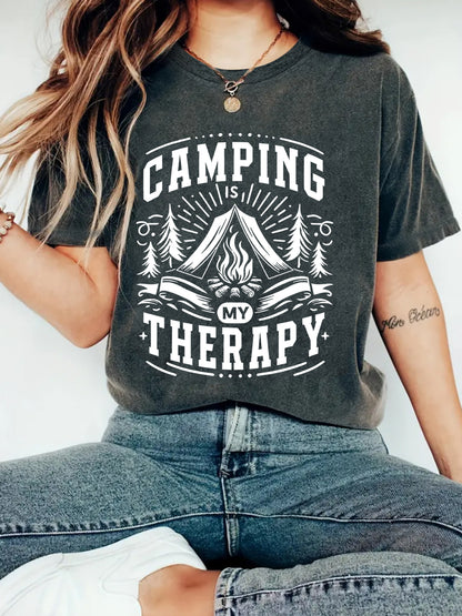Camping Therapy T-Shirt with Campfire Print