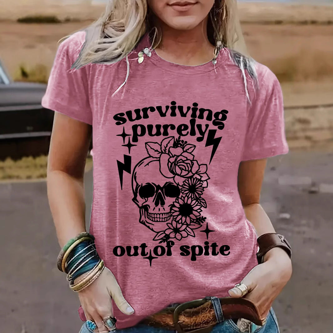 "Surviving Purely Out of Spite" Short-Sleeved T-Shirt with Skull Print