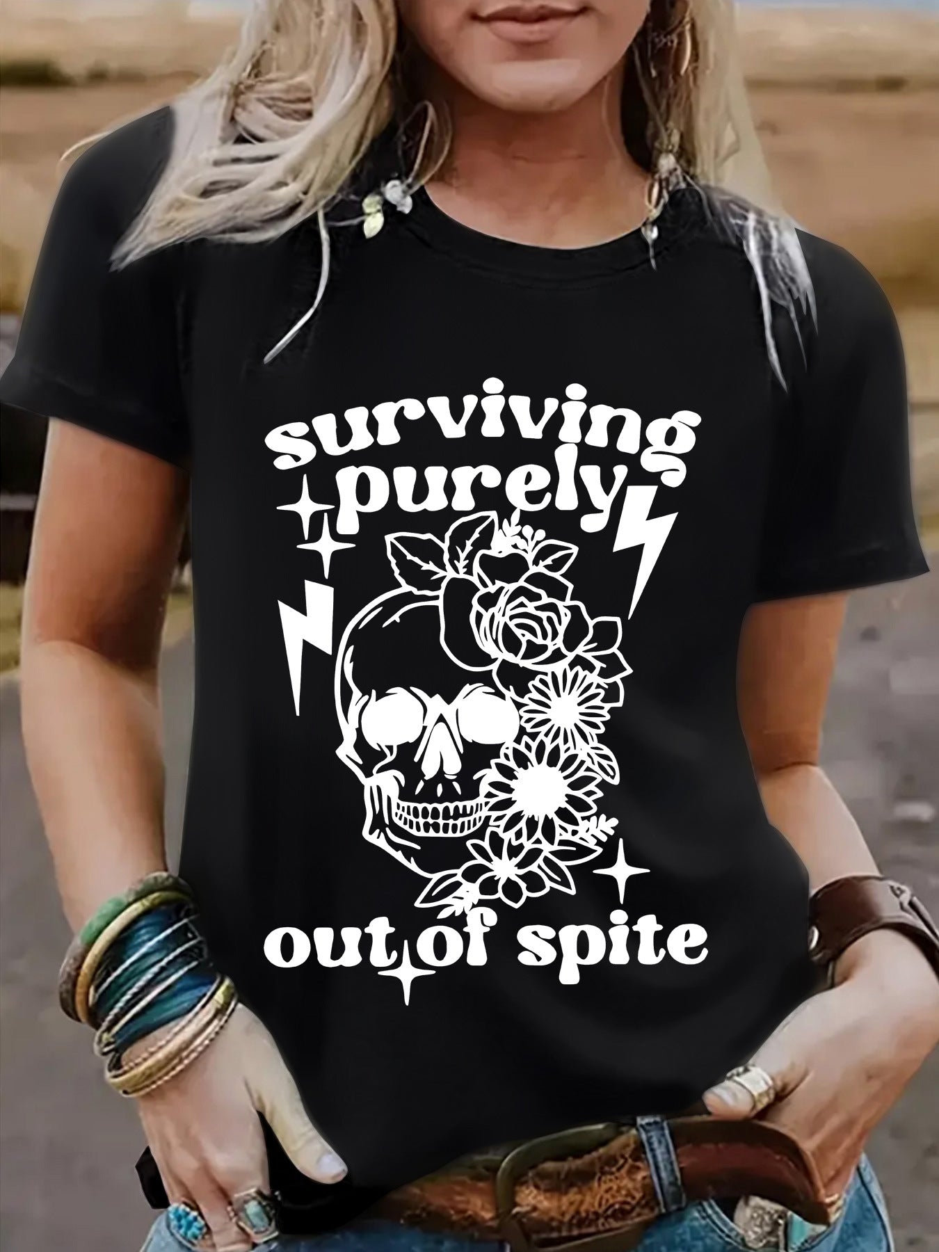 "Surviving Purely Out of Spite" Short-Sleeved T-Shirt with Skull Print