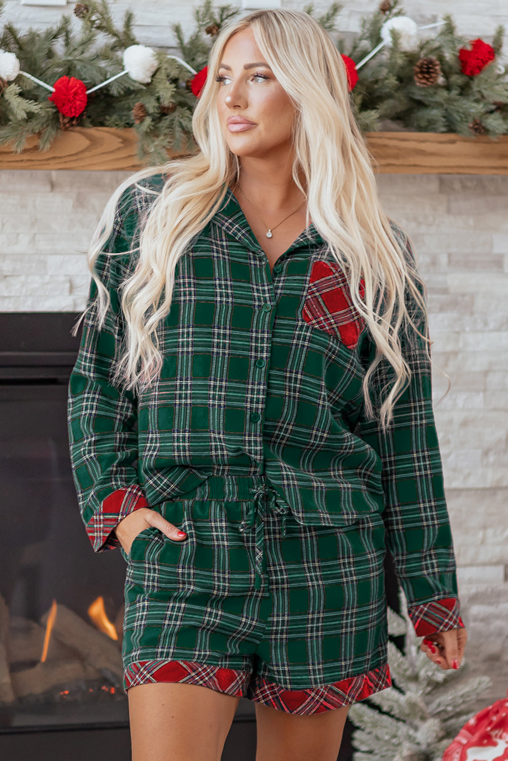 Red Plaid Contrast Patched Christmas Holiday Long Sleeve Shirt and Short 2pcs Pajama Set