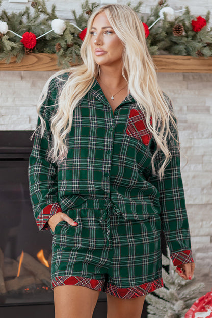 Red Plaid Contrast Patched Christmas Holiday Long Sleeve Shirt and Short 2pcs Pajama Set