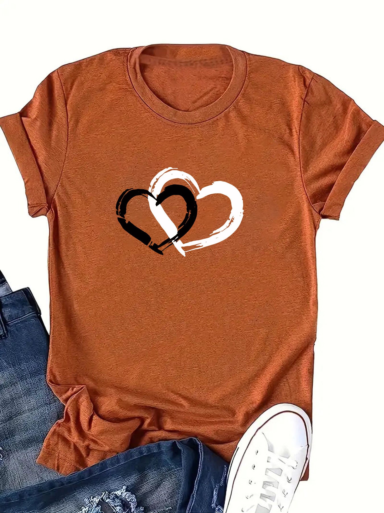 Love pattern printed round neck short sleeved shirt