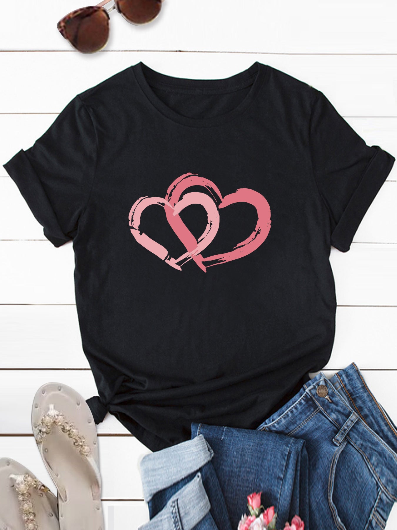 Love pattern printed round neck short sleeved shirt