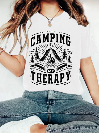 Camping Therapy T-Shirt with Campfire Print