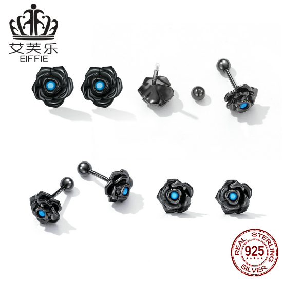 Avelle Original Sterling Silver S925 Black Rose Earrings Simple Black Gold Plated Blue Turquoise Flower Earrings