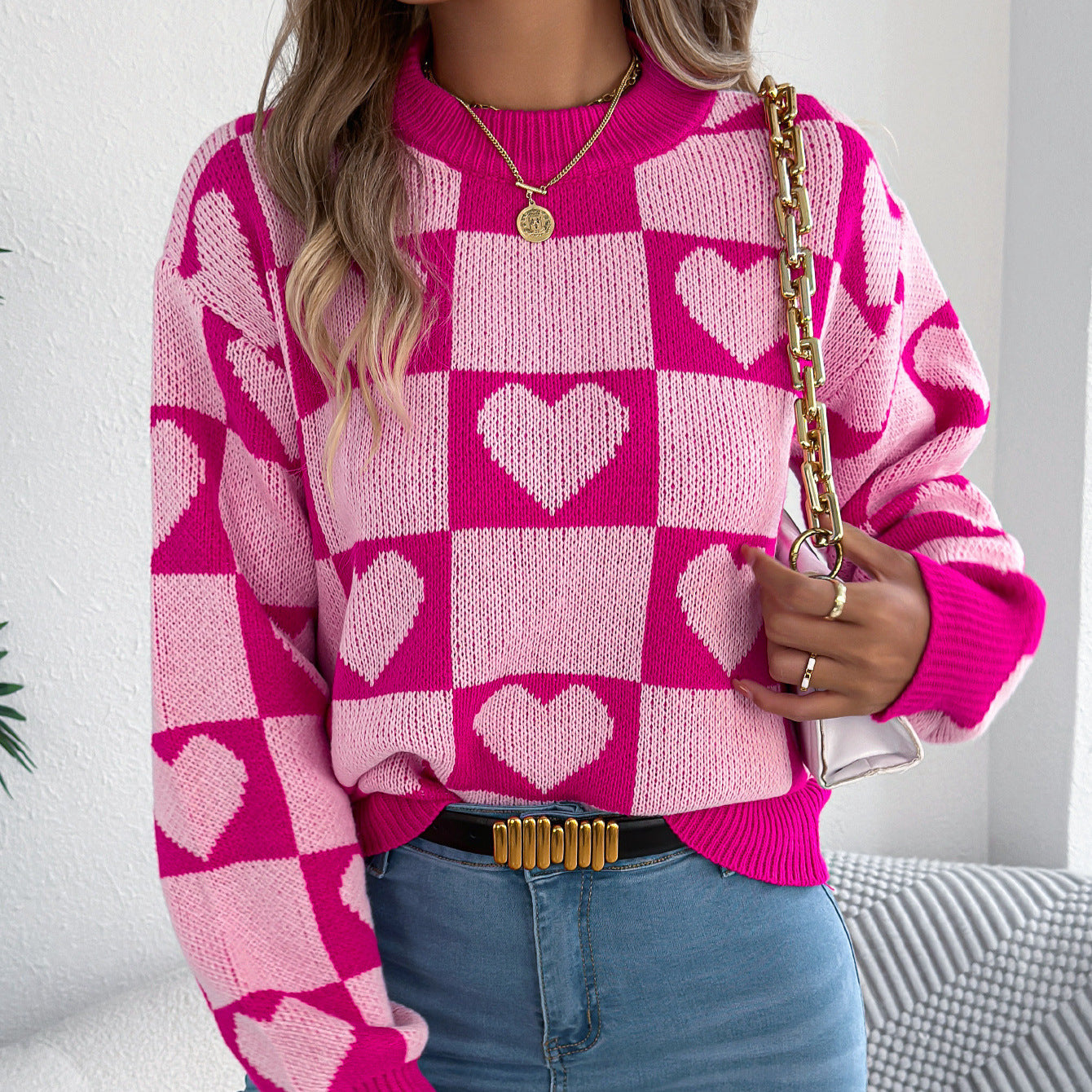 Love grid lantern long sleeved pullover sweater