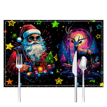 Neon Christmas table mat with white linen starry sky and Santa Claus print