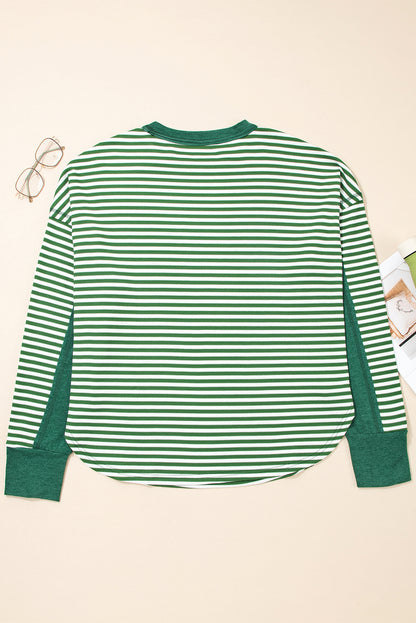 Green Stripe Exposed Seam Patchwork Plus Size Thermal Top