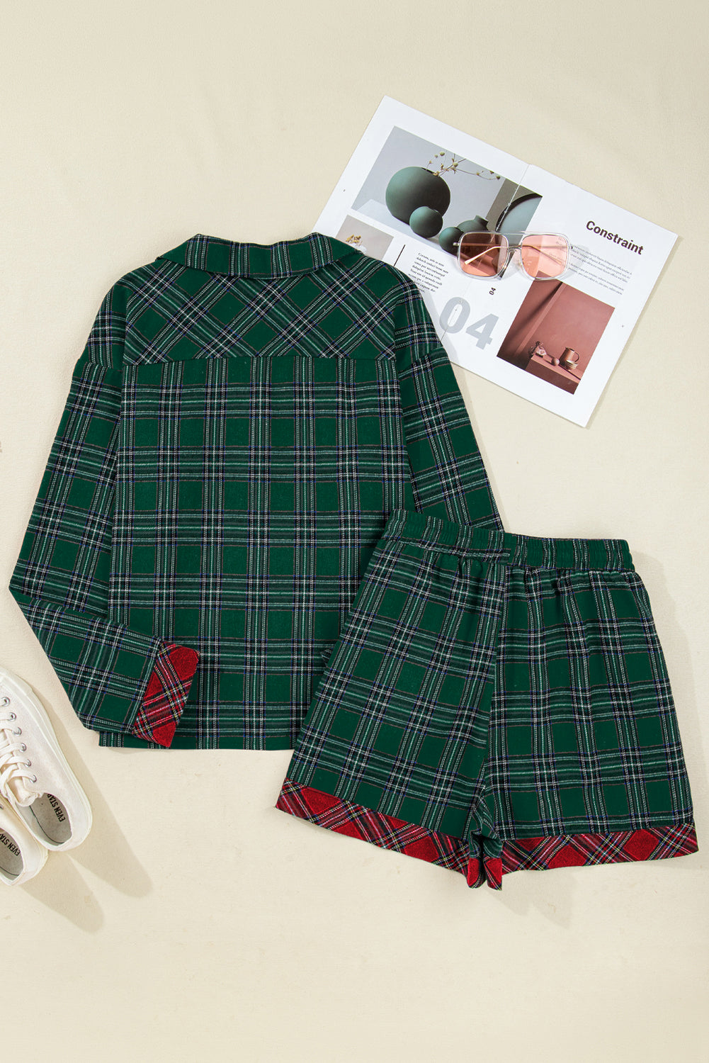 Red Plaid Contrast Patched Christmas Holiday Long Sleeve Shirt and Short 2pcs Pajama Set
