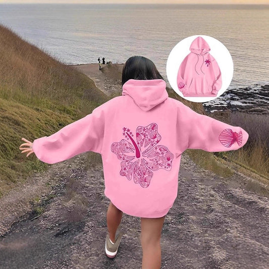 Casual Hibiscus Print Hooded Zipper Hoodie