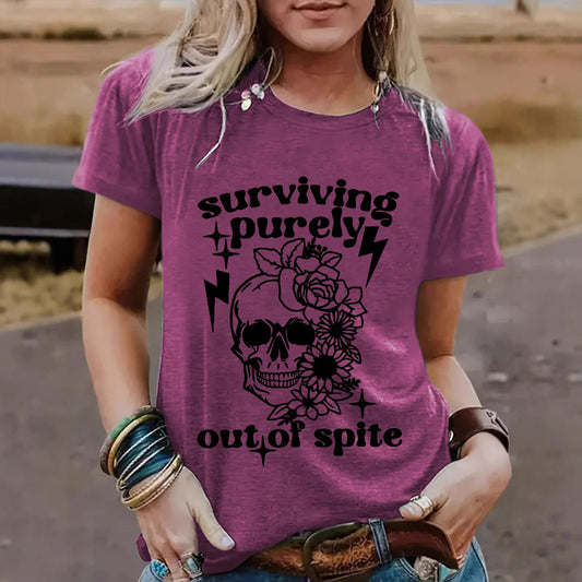 "Surviving Purely Out of Spite" Short-Sleeved T-Shirt with Skull Print