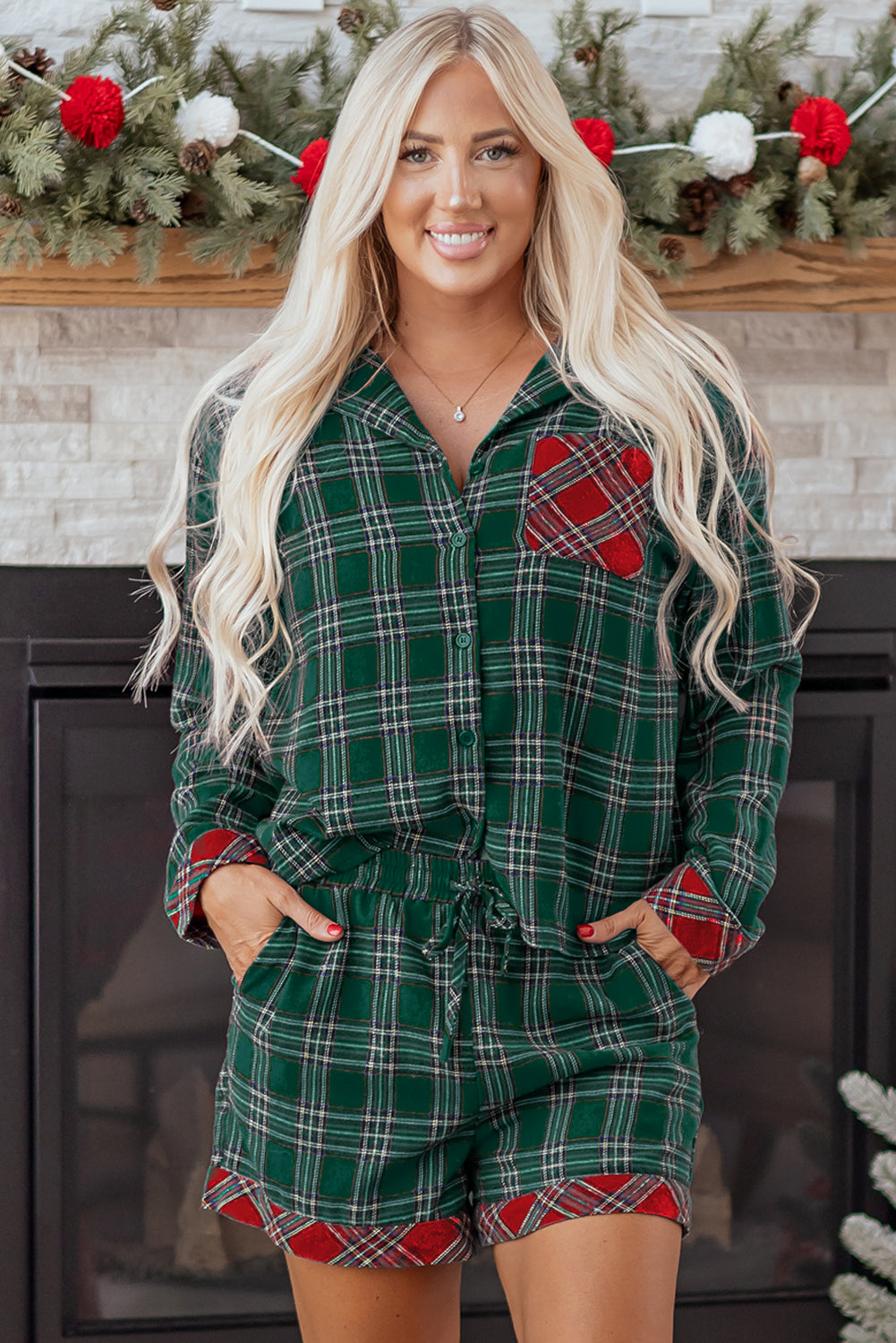 Red Plaid Contrast Patched Christmas Holiday Long Sleeve Shirt and Short 2pcs Pajama Set