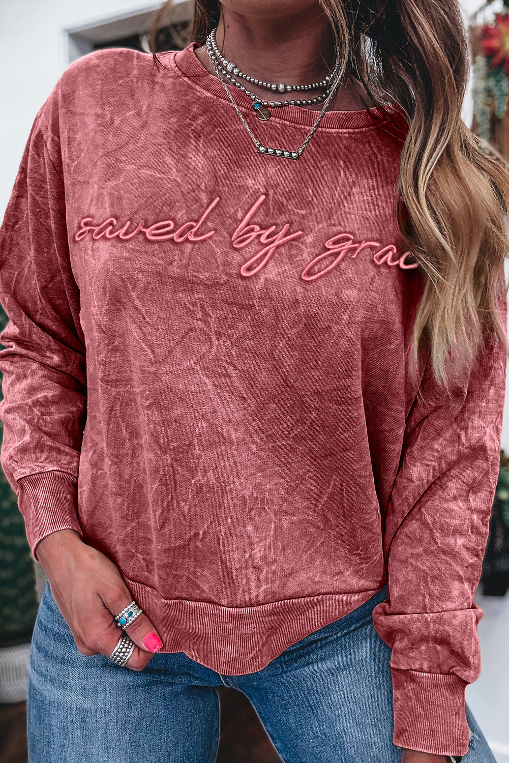 Mineral Red saved by grace Letter Embroidery Mineral Wash Loose Sweatshirt