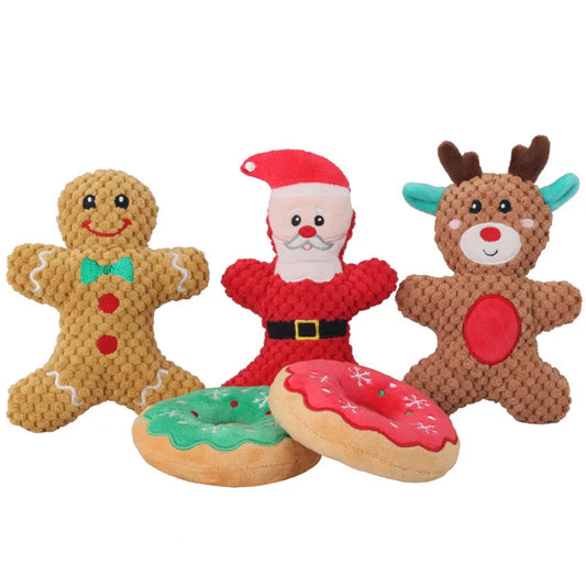 Christmas Pet Dog Plush Noise Chewing Toy Santa Elk Gingerbread Man Donut Cat Dog Christmas Series Cartoon Dog Toy Plush Squeak Toy