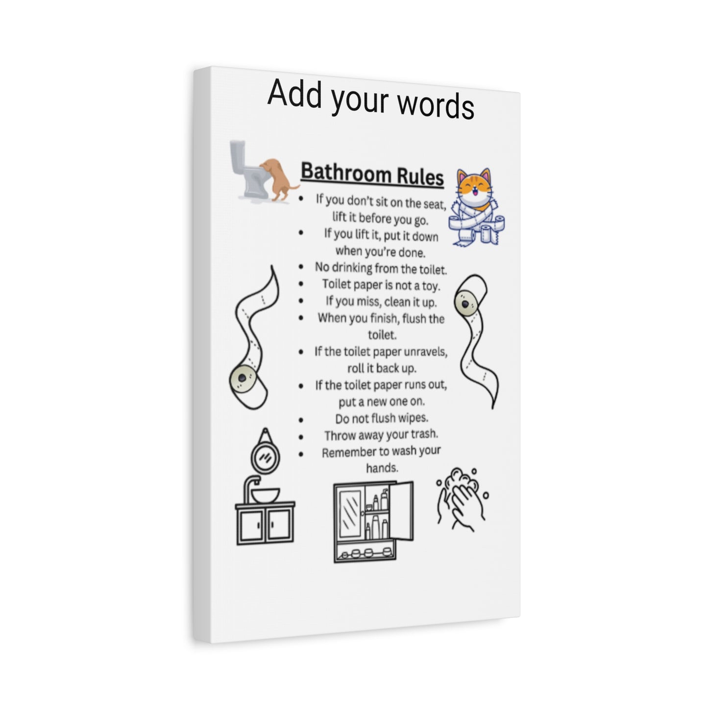 Bathroom Rules Canvas Art, Funny Home Decor, Bathroom Sign, Wall Art for Restroom, Gift for New Home, Quirky Bathroom Decor