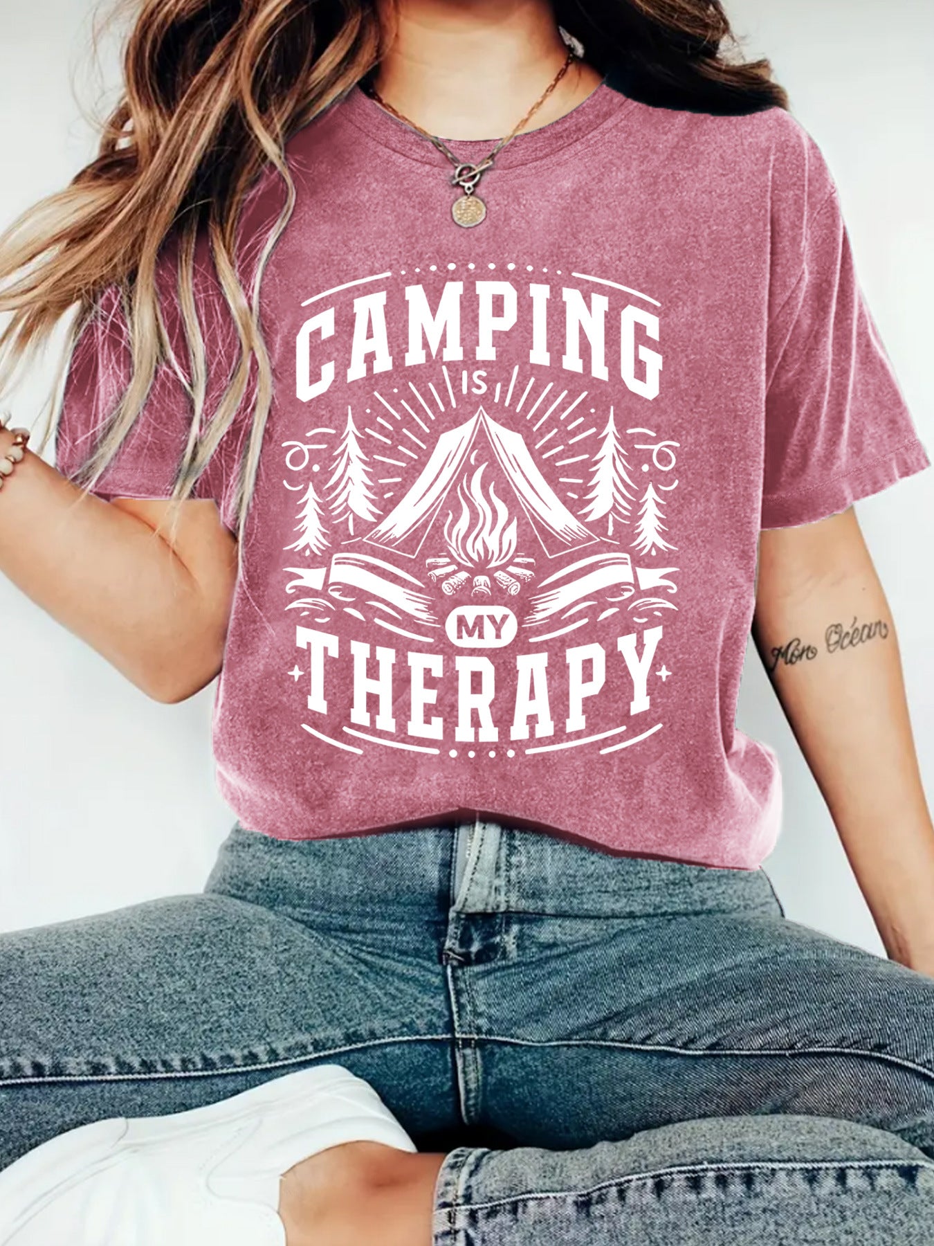 Camping Therapy T-Shirt with Campfire Print