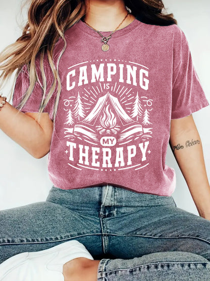 Camping Therapy T-Shirt with Campfire Print