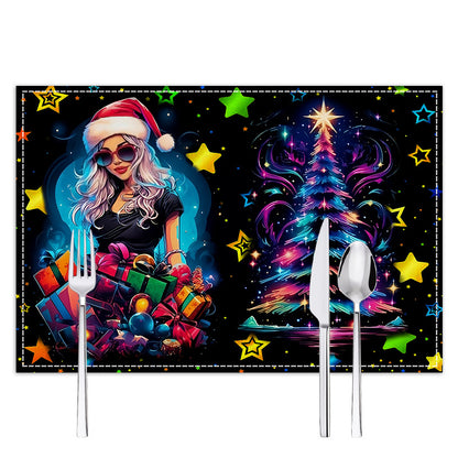Neon Christmas table mat with white linen starry sky and Santa Claus print