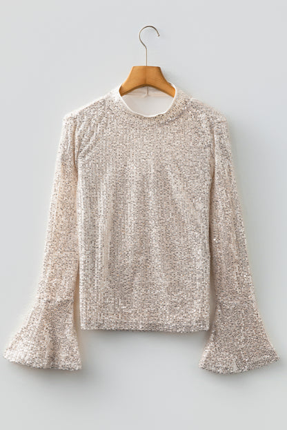 Jet Stream Sequin Mock Neck Drape Open Back Bell Sleeve Top