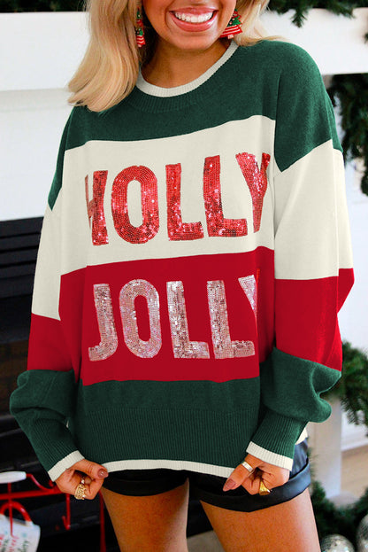 Pink Sequined HOLLY JOLLY Color Block Crew Neck Sweater