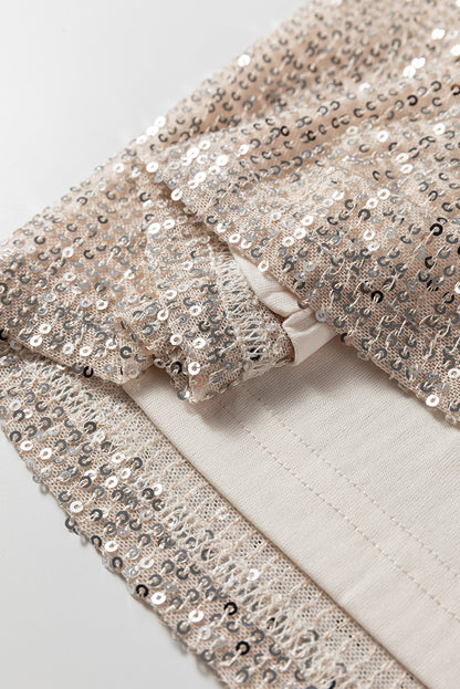 Jet Stream Sequin Mock Neck Drape Open Back Bell Sleeve Top