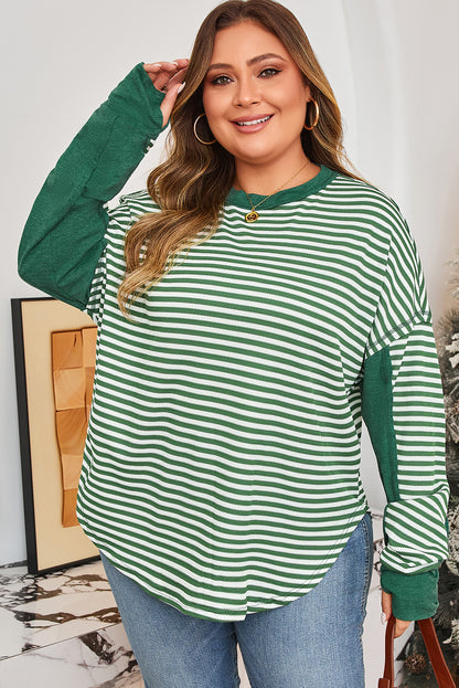 Green Stripe Exposed Seam Patchwork Plus Size Thermal Top