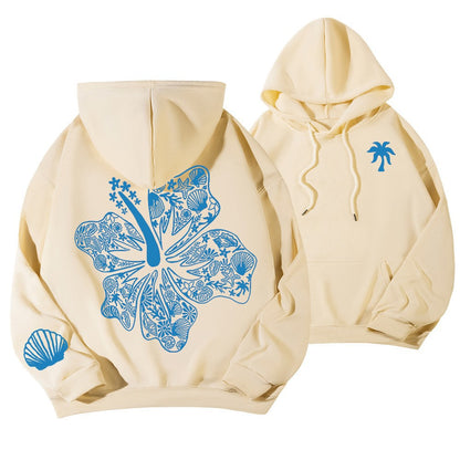 Casual Hibiscus Print Hooded Zipper Hoodie