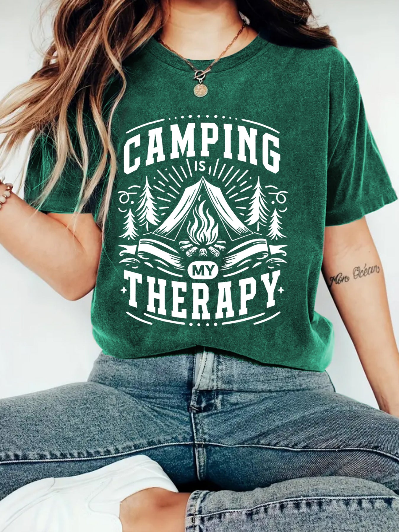 Camping Therapy T-Shirt with Campfire Print