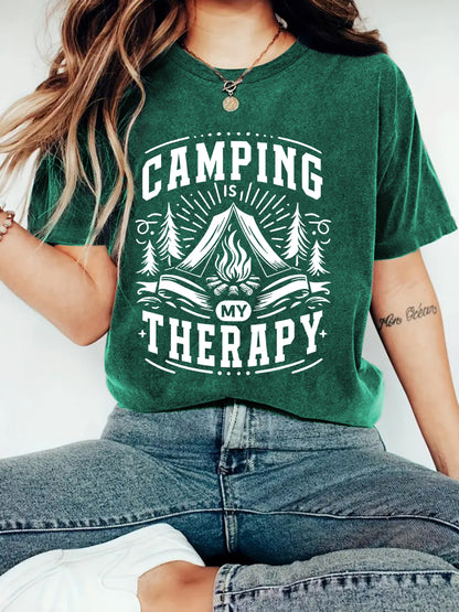 Camping Therapy T-Shirt with Campfire Print