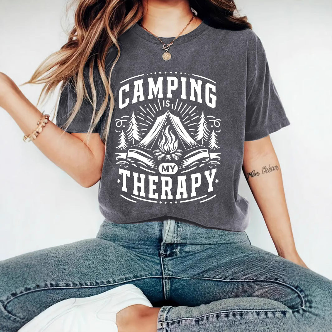 Camping Therapy T-Shirt with Campfire Print