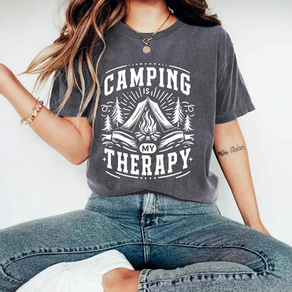Camping Therapy T-Shirt with Campfire Print