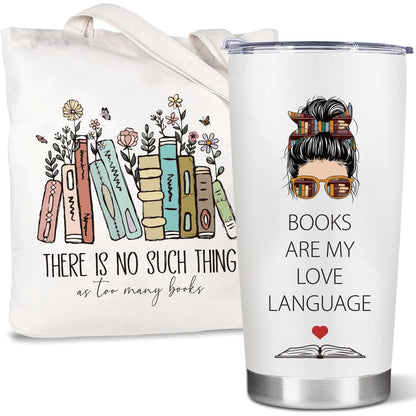Book Themed Tote Bag and Insulated Travel Mug Bookworm Gifts for Readers Book Lovers Women Book Themed Librarian Gifts Bookish Tote Bag & Travel Coffee Tumbler Set Book Nerd Birthday Valentines Presents Book Club Things Reading Accessories